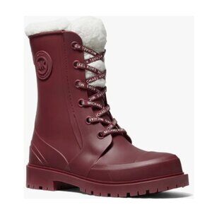 MICHAEL Michael Kors Women's Montaigne Rain Boots Faux Fur Logo Dark Berry New 6